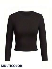 Set de 3 camisetas afelpadas para mujer, multicolor, clásicas y elegantes, colores lisos, sin estampados, tela de poliéster, con interior afelpado ligero, suave y cálido, ideales para temperadas de otoño, invierno e inicios de primavera, cuello redondo, con manga larga. Silueta ajustada para resaltar mejor tu figura. Te llagarán 3 camisetas afelpadas, una en color negro y 2 en colores al azar. - Multicolor - Ver 2