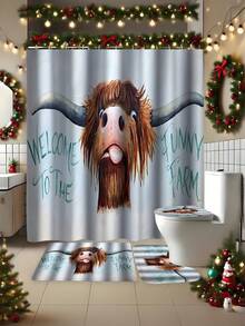 Set de baie cu imprimeu amuzant de vacă 1/4 buc, set decorativ pentru baie, perdea de duș impermeabilă cu cârlige, covoraș antiderapant, husă pentru scaun de toaletă și covoraș în formă de U, separator pentru cadă, accesorii pentru baie, decor pentru casă, set de duș cu perdea pentru fereastră pentru baie, decor pentru baie, decor de Crăciun