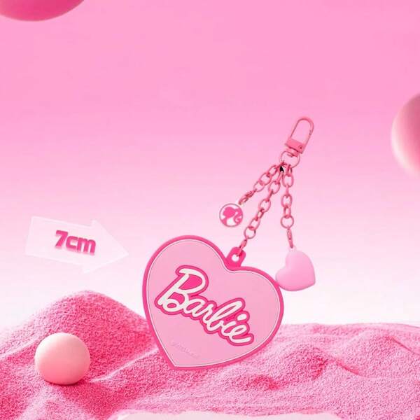 Serie Barbie de MINISO Llavero con forma de corazón, espejo de amor portátil y mini, accesorios de cosméticos lindos, colgante de bolso, regalo de moda y encanto para mujeres