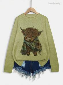 Áo len nữ cổ tròn in hình bò hoạt hình, áo len dài tay cổ tròn kiểu dáng thường ngày cho mùa thu đông, áo len thời trang nữ mặc hàng ngày, áo kiểu. - màu xanh lá - Xem 3