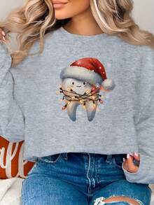 Women'S Christmas Sweatshirt With Santa Hat And Tooth Print, Casual Crew Neck Long Sleeve Pullover, 100% Polyester Knit Fabric, All Season Holiday Top - 淺灰色 - 查看 2
