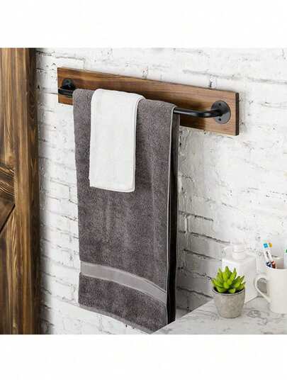 Vintage Burnt Wood & Metal Pipe Towel Rack With Towel Bar, Bathroom Decor Towel Holder, Floating Towel Rack