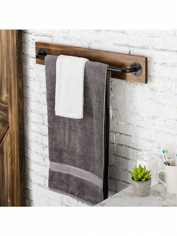 Rustic Burnt Wood Metal Pipe Shelf With Towel Rack,Bathroom Decor Towel Holder,Floating Towel Hanger