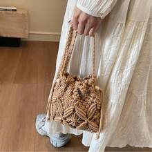 Y2K Cute Straw Woven Tote Bag For Women - Luxury Designer Brand Straw Fabric Shoulder Bag, Versatile Crossbody Bucket Bag, New Fashion Casual Style For Summer Beach Travel & Daily Outfits - 棕色 - 查看 7