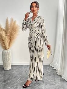 Women's Casual & Commute Artistic Stripe Print Criss Cross Wrap Shirt & Wide-Leg Pant Two Pieces Suit For Office Look
