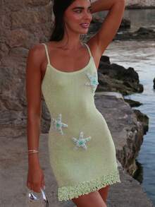Women Knitted Mini Cami Dress Slim Beaded Starfish Scoop Neck Spaghetti Strap Tassel Hem Bodycon Dress For Daily Travel - 黃色 - 查看 3