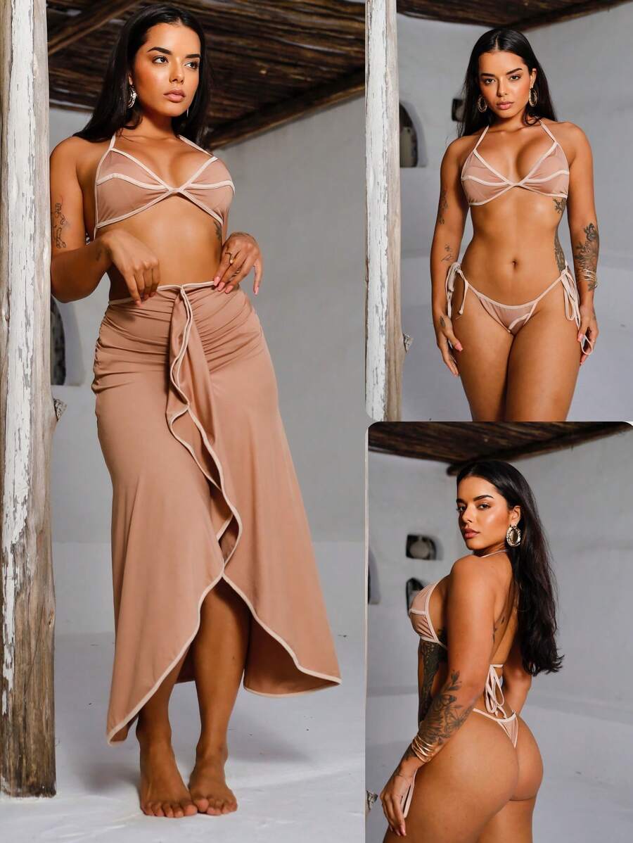 Essenza 3-Piece Bikini Set With Beach Cover-Up – European Style Bow Bikini Set With Ruffle Cover-Up | Resort Fashion - 榛果奶油 - 查看 1