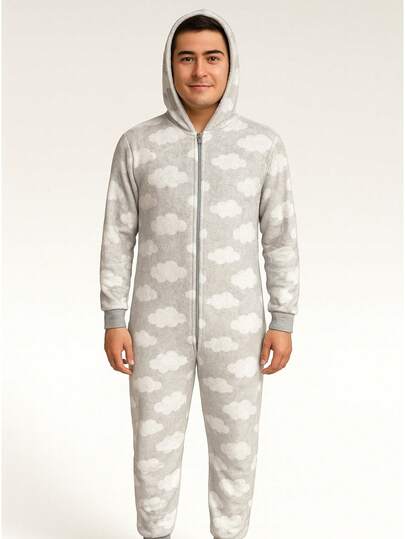 Mameluco Pijama de Una Pieza Estampado de Felpa Suave para Adulto con Cierre Kigurumi para Hombre