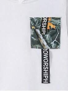 Conjunto de Moletom de Moda Outono/Inverno para Meninos Pré-Adolescentes, Moletom com Capuz em Retalhos de Cor Contrastante, Calça Jogger com Estampa de Camuflagem e Cintura Elástica com Bolsos, Adequado para Atividades ao Ar Livre, Esportes e Uso Casual Diário