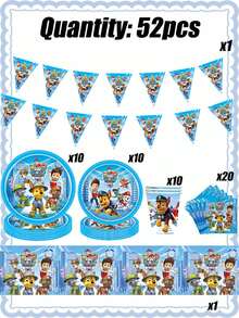Paw Patrol The Paw Patrol Themed Party Tableware Set Is Now Available! It Contains 20 Custom Plates, 20 Exquisite Placemats And 10 Cute Paper Cups, Which Are Enough For 20 Young Team Members To Have A Lively Party! With The Iconic Paw Patrol Blue As The Main Color, The Visual Impact Is At Its Peak! Whether It's A Birthday Party,