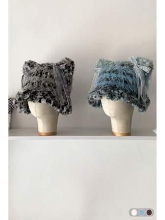 Ombre Beanie With Bow, Cute Cat Ear Striped Fuzzy Knit Hat, Warm Autumn/Winter Earflap Beanie, Versatile Bow Decor Knit Fuzzy Hat For Women