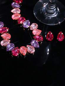 قلادة بلورية شكل قطرة ماء فوشيا وزهري، طقم إكسسوارات رسمي يشمل زوج من أقراط قطرة ماء فوشيا وزهري من الأكريليك