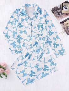 2pcs Sweet Blue Bow Print Women Pajama Set, Long Sleeve Lapel Top And Loose Elastic Pants, Suitable For Holiday Party, Casual Wear, All Seasons, Fall Clothes - Blue - View 11