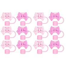 Tapas de pajita de paja con lazo, lindos protectores de pajita rosa con lazo, reutilizables y portátiles para cubrir pajitas de 0.4 pulgadas, accesorios para tazas - Rosa - Ver 9