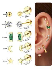 Bộ 6-24 khuyên tai đinh tán bằng thép không gỉ mạ vàng 18K, không gây dị ứng, khuyên tai sụn mini dạng vít dẹt unisex, trang sức xỏ khuyên, màu xanh trong suốt. - Bông tai - Xem 14
