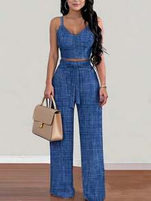 Conjunto de 2 piezas para mujer, Conjunto de top elástico con cuello en V y pantalones anchos para mujer, conjuntos elegantes para dama, conjuntos casuales para mujer, ideal para llevar a la oficina y para ocasiones informales cotidianas conjunto mujer. - Azul lavado oscuro - Ver 3