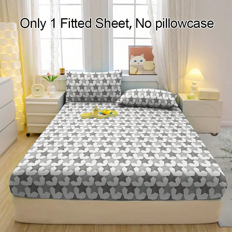 1 Peça Lençol Ajustável com Estampa de Estrela Cinza e Padrão V Branco, Capa de Colchão Macia e Confortável para Quarto, Quarto de Hóspedes e Dormitório, Protetor de Colchão, Conjunto de Roupa de Cama (Fronha Não Incluída)