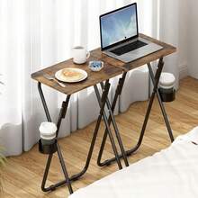 Juego de 2 Mesa Plegable Pequeño, Bandejas de TV Plegable Portátil, Mesa Auxiliar Plegable Servicio para Sala, Cama, Sofá, Mesa de Bandeja de Cena de TV Plegable con Soporte para Tazas - Marrón - Ver 9