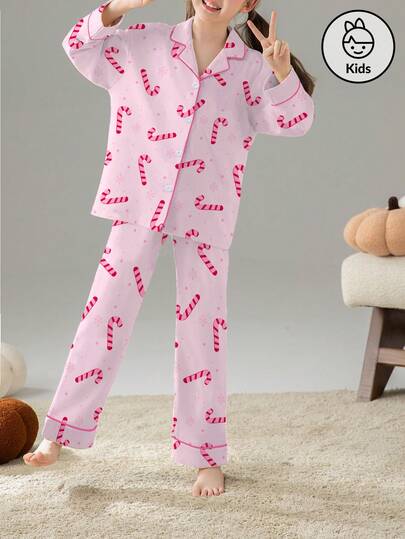 Christmas Pajamas Set, Soft & Skin-Friendly Candy Cane Print, Long Sleeve Pink Candy Cane Pattern Sleepwear Set, Warm & Cute, Comfortable Home Wear, Autumn/Winter New Turndown Collar Long Sleeve Top And Loose Elastic Waist Pants Lazy Casual Homewear