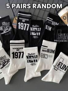 1/5 Pairs Of Men's Mid-Calf Socks With Street Fashion Letter Prints And Hip-Hop Sporty Style, Fall Socks