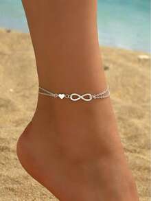 1pc Fashionable Simple Infinity & Heart Decor Chain Anklet For Women For Vacation Valentines,Mom,Mother,Mother's Day,Gift - Silver - View 1