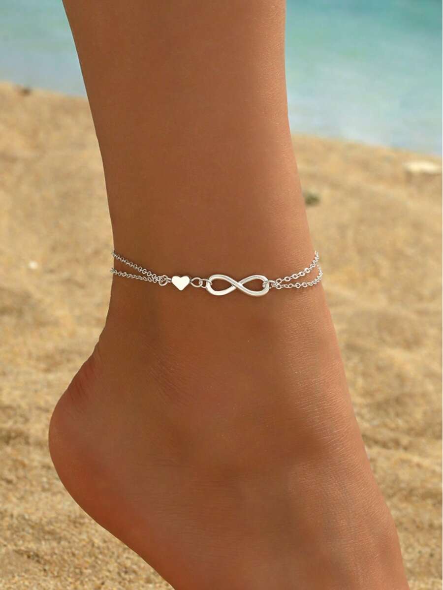 1pc Fashionable Simple Infinity & Heart Decor Chain Anklet For Women For Vacation Valentines,Mom,Mother,Mother's Day,Gift - Silver - View 1