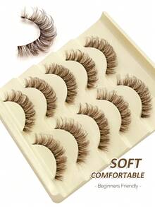 Rikuaild 5 Pairs Cartoon Style False Eyelashes, Brown Faux Mink Cat Eye Lashes, Anime Cosplay Lashes, Multi-Layered Fluffy Natural Look, Delicate Soft Brown Lash Extension, Transparent Stem, Reusable - 濃密款 - 查看 4