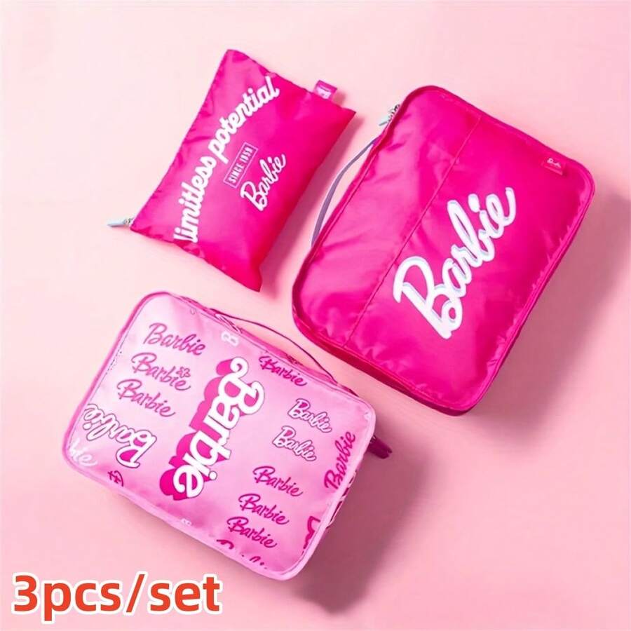 3pcs/Set MINISO Kawaii Anime Barbie Sunlight Shine Series Girl Travel Set Cartoon Cute Makeup Bag Portable Clothes Storage Bag Travel Bag Gift