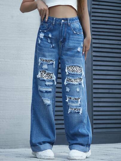 Damen Leoparden-Muster Patchwork Loose Cuffed Jeans, Lässig Street Fashion Weite Hose, Neuer Stil 2025