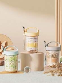 1pc Overnight Oats Container (With Spoon And Lid), 1pc Yogurt Bottle, Airtight Glass Food Storage Jars, Breakfast Yogurt Cup, Cereal Container, Cup, Glass Containers, Storage Jars, Dust-Proof And Leak-Proof, Lid With Handle - Multicolor - View 2