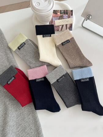 1/3 Pairs Women Cotton Colorblock Logo Mid-Calf Socks, Fashionable Everyday Wear