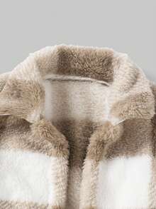 3pcs/Set Girls Solid Ribbed Fitted Set + Plaid Faux Fur Collar Jacket, Winter - Apricot - View 9