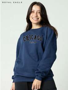 Moletom Gola Redonda Unissex Careca Blusa de Frio Casaco Feminino Masculino Flanelado Algodão Chicago U.S.A - Azul - Visão 3