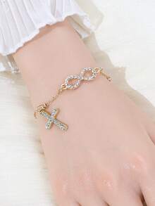 1pc Elegant Rhinestone Cross & Infinity Symbol Pendant Bracelet Chain For Women