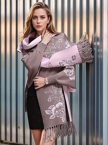 1pc Fringed Peony Flower Thickened Scarf Shawl Cloak Poncho Outerwear For Dress - Multicolor - View 6