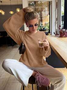Autumn/Winter New Girl Style Round Neck Long Sleeve Knit Sweater, Women's Loose Minimalist Versatile Drop Shoulder Pullover - Maca Color - View 5