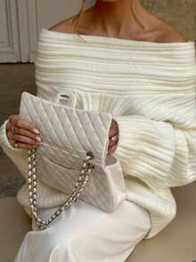 女士时尚纯色罗纹针织毛衣，宽松版型，纯白色，适合秋冬春季穿着 - 杏色 - 查看 10