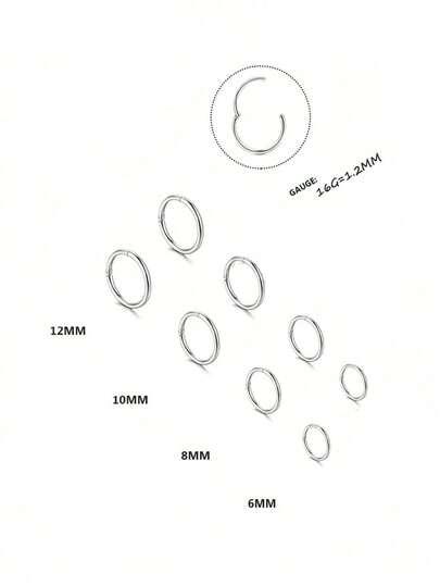 1Pc 6-16mm Stainless Steel Cartilage Hoop Earrings Hypoallergenic Nose Ring Helix Lobes Hinged Sleeper Earrings Piercing For Women Jewelry