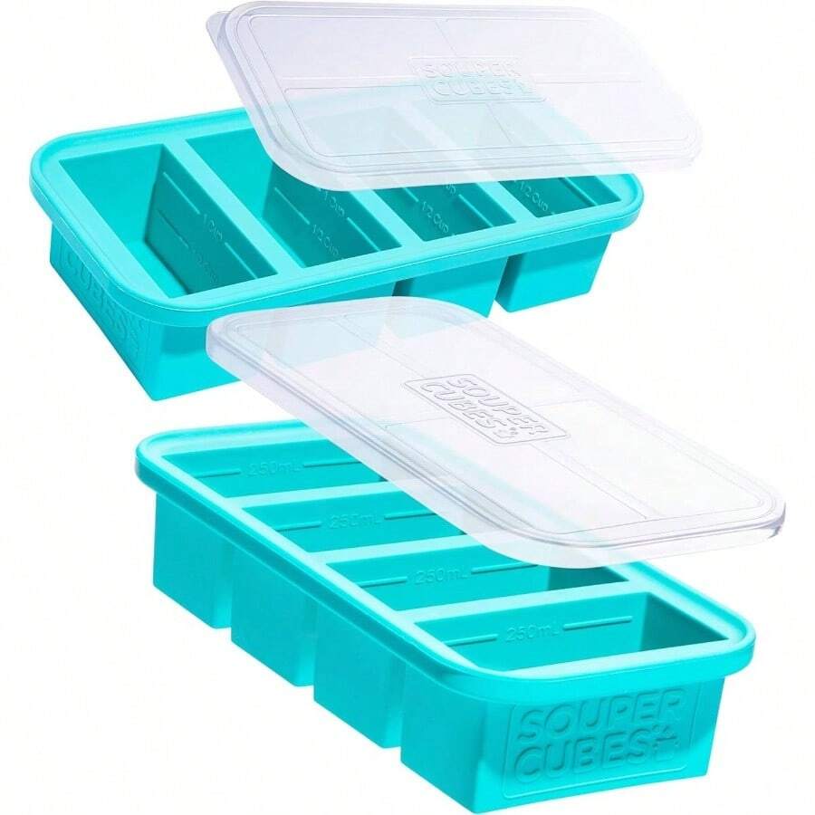 1 Cup Silicone Freezer Tray With Lids, Storing Broth, Leftovers, Rice, Sauce And More, Silicone Soup Freezer Molds Meal Prepping - Blueberry - 2 - Pack - Aqua + Gói 2 - Xem 1