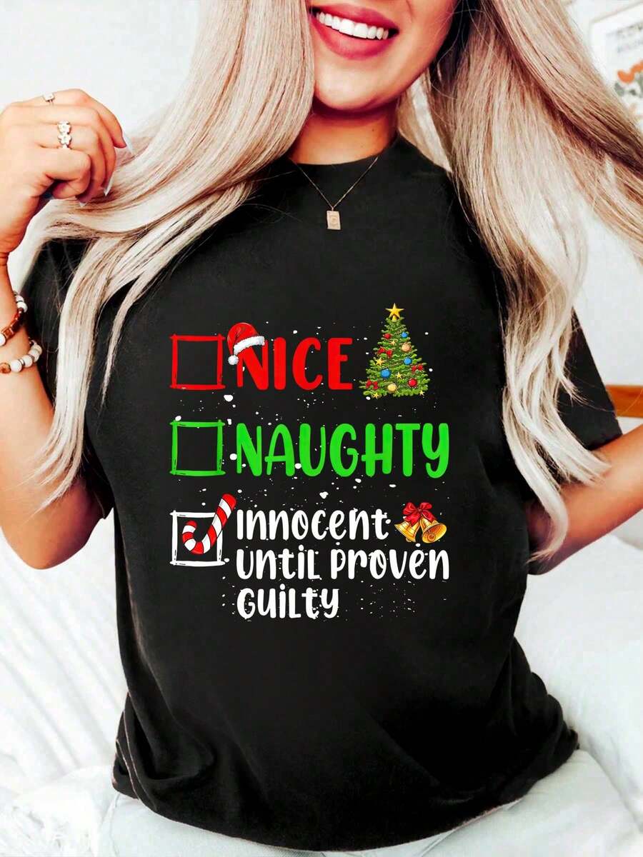 100% Cotton Nice Naughty Innocent Until Proven Christmas List T-Shirt Women's Men's Graphic Tee Comfort Crew Neck Summer Vacation Tops - 黑色 - 查看 1