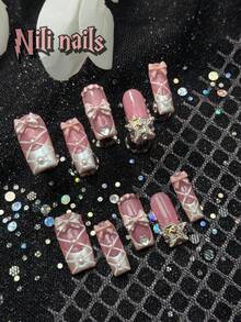 Get Romantic With Handmade10Pcs Square Shape Medium Long Pink Sweet Girl Ballet Style FullCoverage Fake Nails, White Pearl French Tip Nails 3D Three Dimensional Decoration Bow Japanese Style FullCover Press On Nail Kit For Girls AndWomen With 1Pc Mini Nail File & 1 SheetAdhesive Tabs Modern Gradient WhiteFalse Nails Nail Supplies Nails