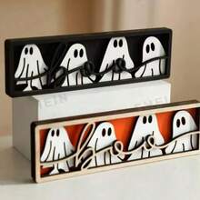 1 قطعة لافتة طاولة خشبية بشكل شبح هالوين "بو" - تمثال شبح أسود وأبيض جميل، ديكور مكتبي هالوين ريفي، ديكور صينية متدرجة مخيف للمنزل والمكتب والحفلات