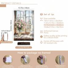 1 pièce Peinture sur canevas suspendue, peinture décorative montée, affiche, peinture murale, peinture à l'huile de rose rose et de rebord de fenêtre, décoration de chambre de fille, peinture murale de fleurs de printemps, décoration de salon esthétique, peinture de fleurs roses, décoration d'arrangement de plantes, décoration de thème de printemps, décoration de maison de printemps. Art mural sur canevas, art de fille funky, art de citation inspirante, décoration intérieure.