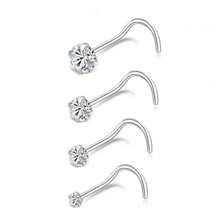 4pcs Stainless Steel Oxidized Cubic Zirconia Nose Studs, L-Shaped Nose Rings, Round CZ Nose Hoop Set