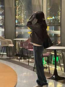 Retro Collar Zip Up Loose Knit Cardigan Sweater, Commuter Style - Grey - View 4