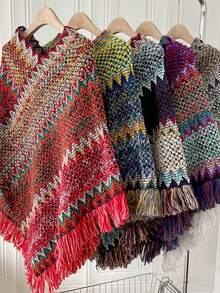 1件人字纹流苏披肩，斗篷披肩，时尚百搭的旅行斗篷，保暖围巾披肩，可搭配连衣裙 - 人字紋流蘇披肩 - 查看 11