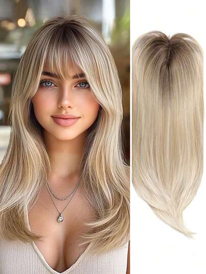 Clip In Synthetic Hair Topper With Bangs For Thinning Hair, 20inch Hair Topper Long Layered Pieces For Women Ombre Mix Blonde Color