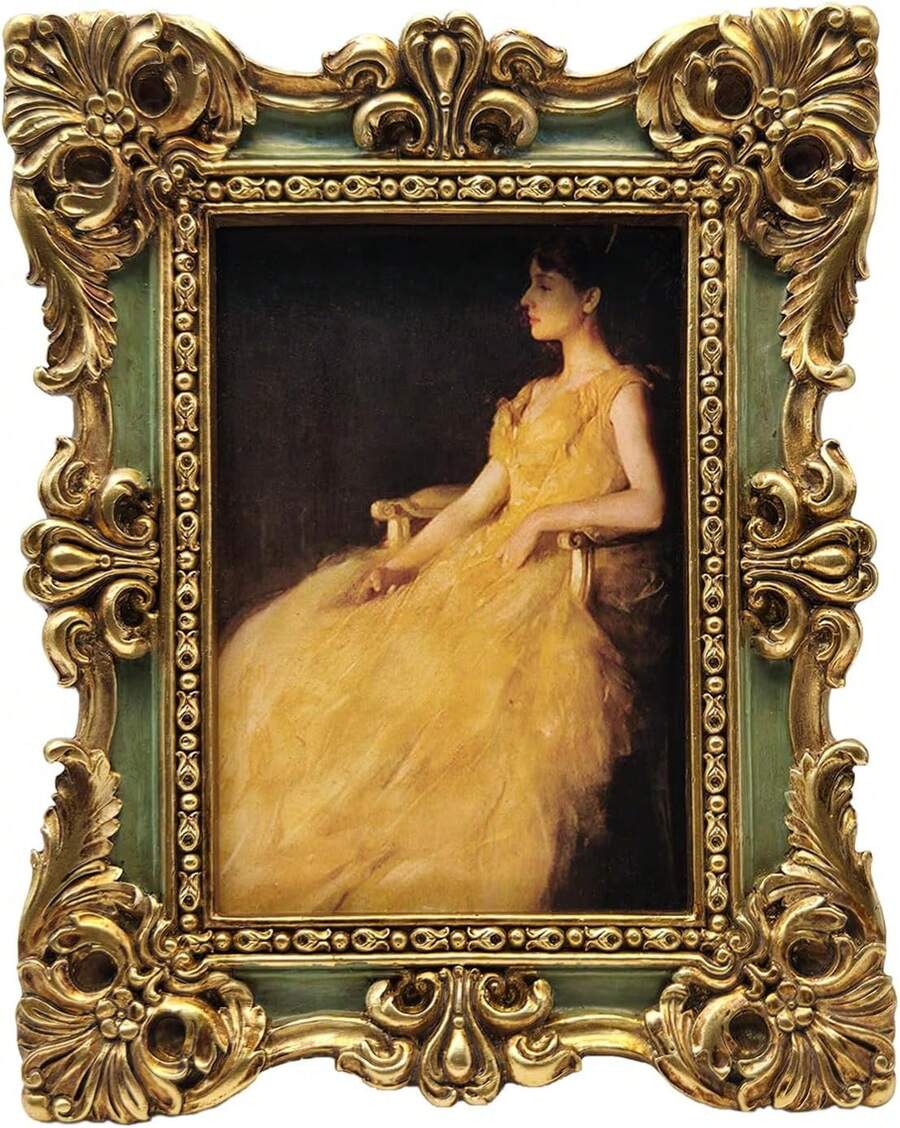 CISOO 2.5x3.5 Vintage Small Picture Frame, Antique Ornate Green And Gold Wallet Size Photo Frame, For Table Top And Wall Display, Decorative Floral Design Retro Home Decor, Photo Gallery Art