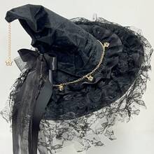 1 X Black Halloween Handmade Lace Witch Hat With Bandage Bow - Gothic Lolita Style Halloween Party Cosplay Accessories