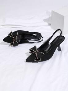 Fall/Winter New Stylish Black Kitten Heel Rhinestone Bow Decor Office Party Wedding Women High Heel Pumps, Elegant - Black - View 3